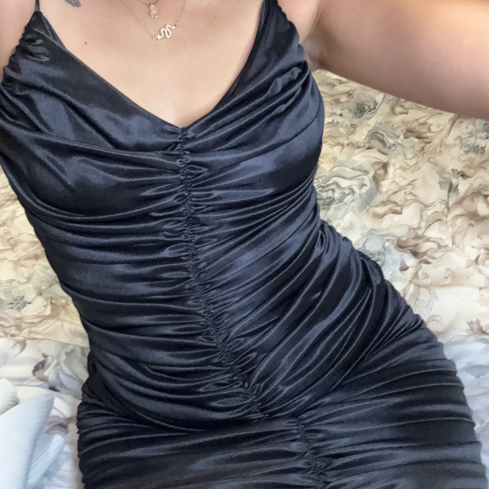 Elegant Black Satin Ruched Dress
